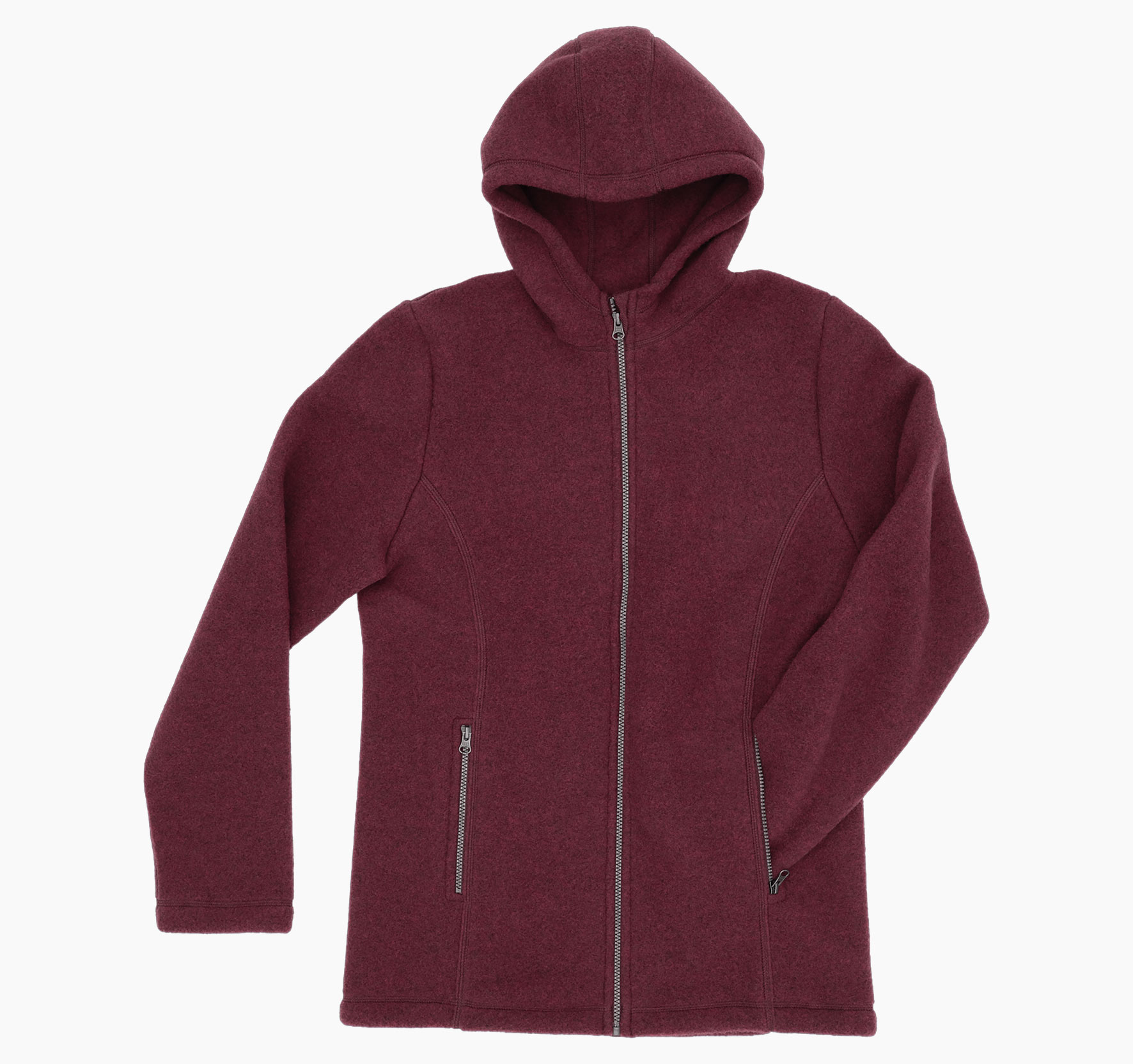 Taillierte Herren-Kapuzenjacke aus Fleece aus 100% Schurwolle vom Merinoschaf mit durchgehendem Reißverschluss und zwei seitlichen Taschen.
