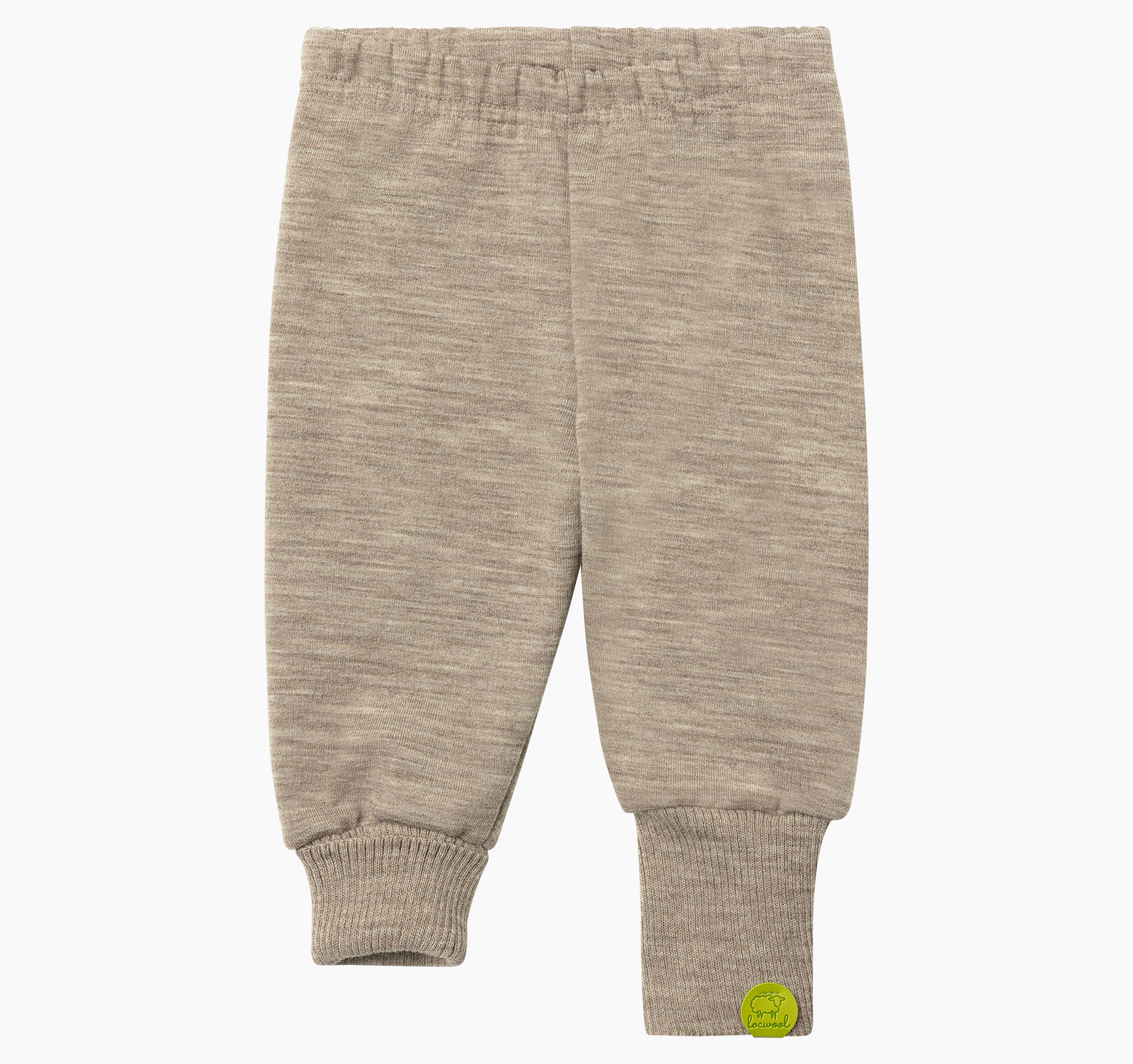Kinderwollhose aus süddeutscher Schurwolle von Merinolandschafen mit elastischem Bund sowie umschlagbaren, gerippten Bündchen an den Beinenden und kleinem Logo-Patch am linken Beinabschluss.