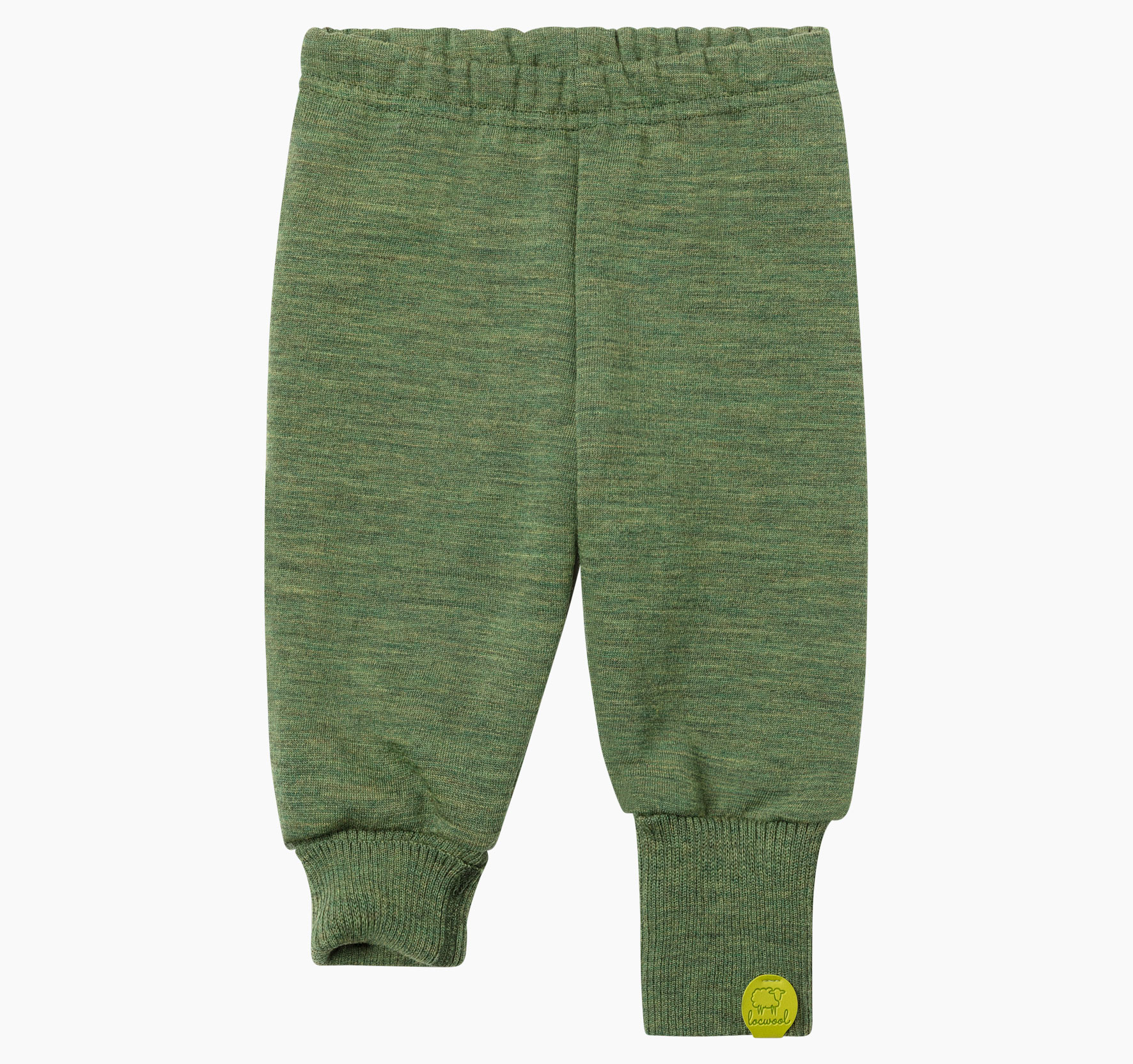 Kinderwollhose aus süddeutscher Schurwolle von Merinolandschafen mit elastischem Bund sowie umschlagbaren, gerippten Bündchen an den Beinenden und kleinem Logo-Patch am linken Beinabschluss.