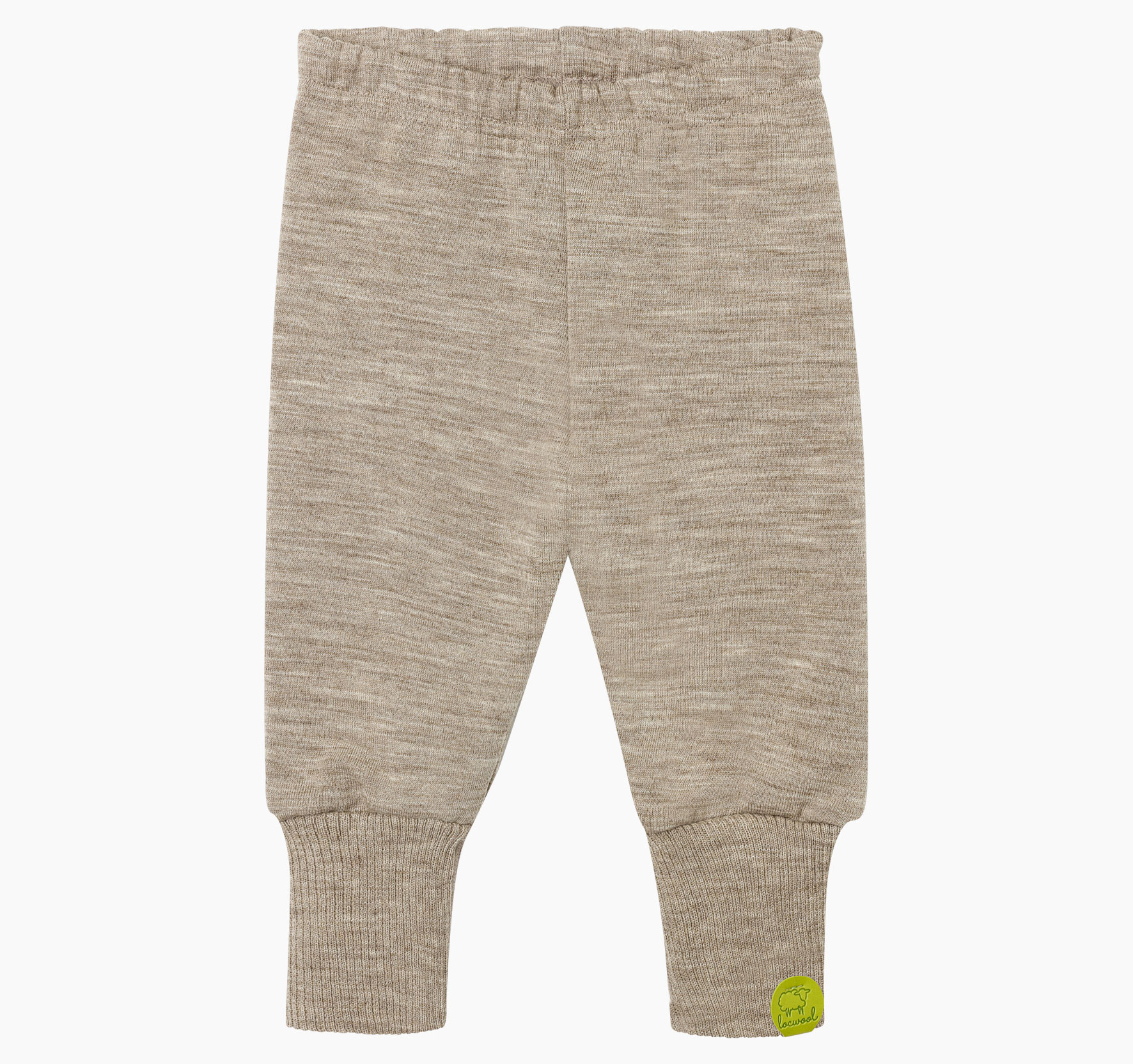 Kinderwollhose aus süddeutscher Schurwolle von Merinolandschafen mit elastischem Bund sowie umschlagbaren, gerippten Bündchen an den Beinenden und kleinem Logo-Patch am linken Beinabschluss.
