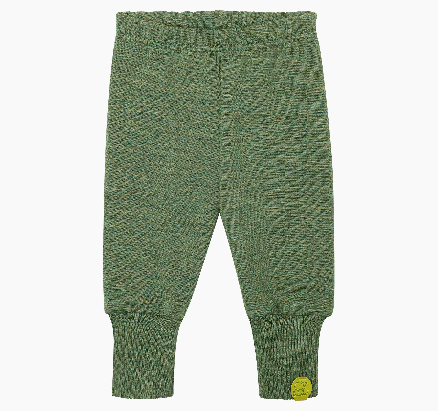 Kinderwollhose aus süddeutscher Schurwolle von Merinolandschafen mit elastischem Bund sowie umschlagbaren, gerippten Bündchen an den Beinenden und kleinem Logo-Patch am linken Beinabschluss.